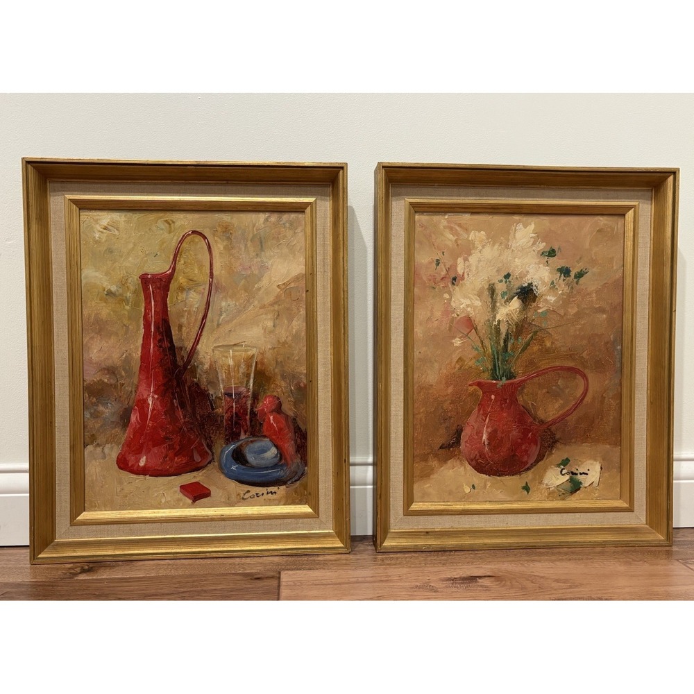 Vintage MCM Corsini Oil Painting Pair Diptych Made In Holland May Co Tag Red